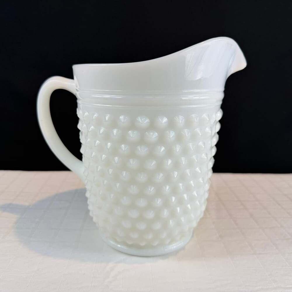 Vintage White Milk Glass Hobnail Pitcher 1 Qt Glossy Decorative Handle Spout 7”